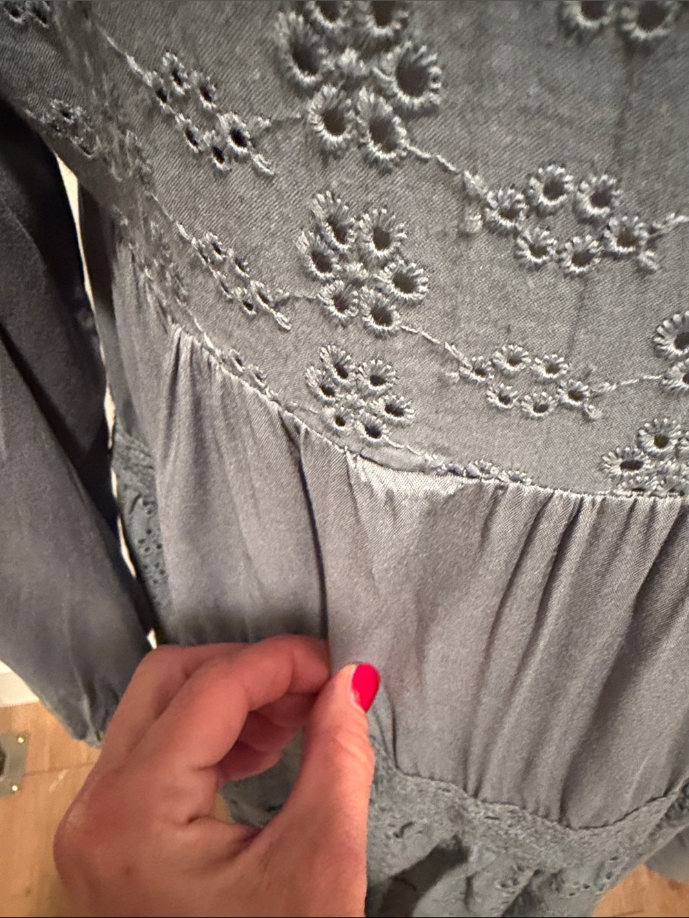 easel Slate Blue Long Sleeve Eyelet Tiered Dress - Picture 4 of 4